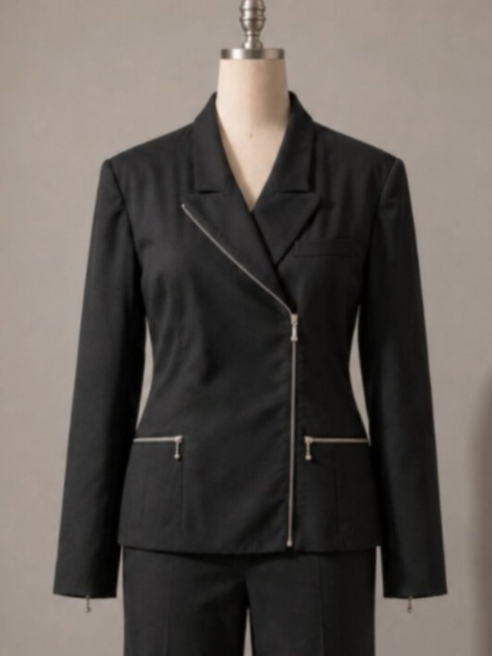 Vintage Lolita Lempicka Women Black Wool Moto Zip Blazer Jacket Y2K Avant Garde